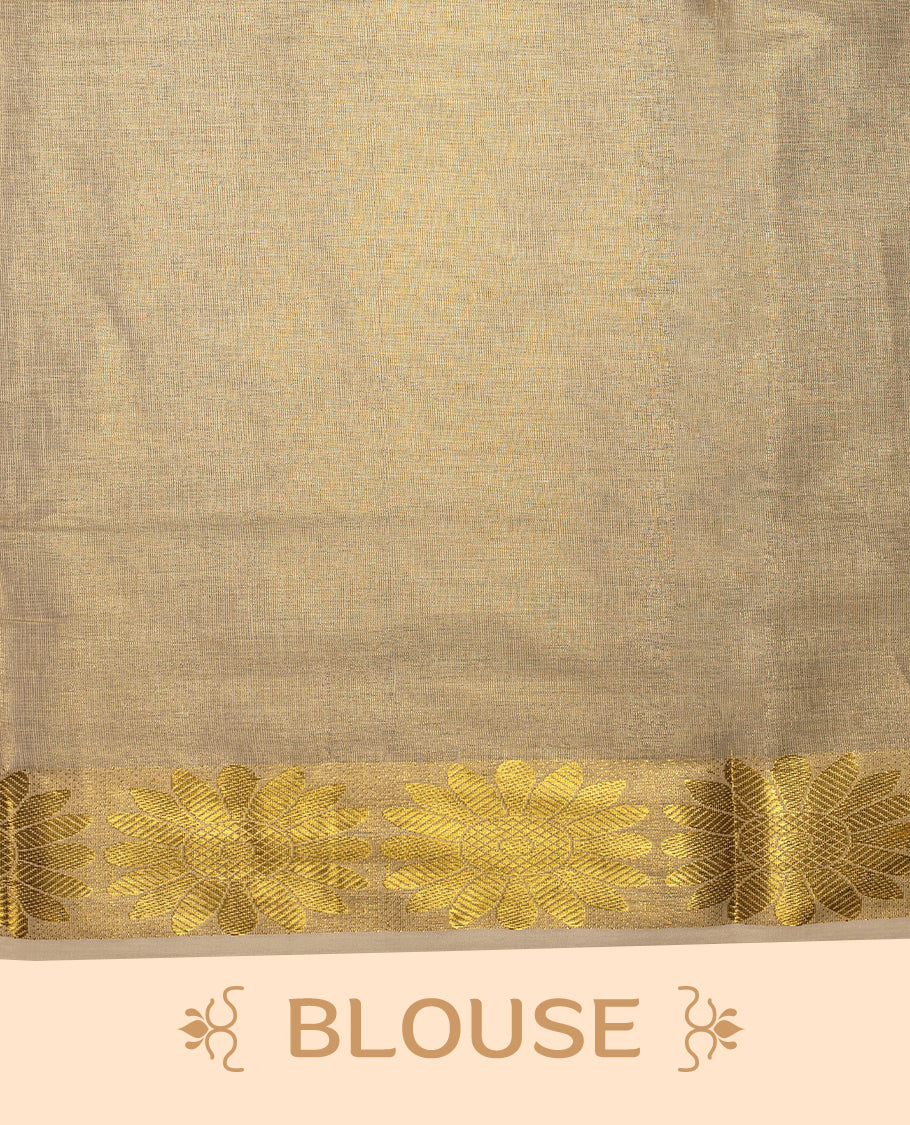Light Gold colour Tissue Kerala saree featuring Plain body and a beautifully woven Gold Kasavu border with floral motifs, paired with a matching blouse perfect for festive occasions.