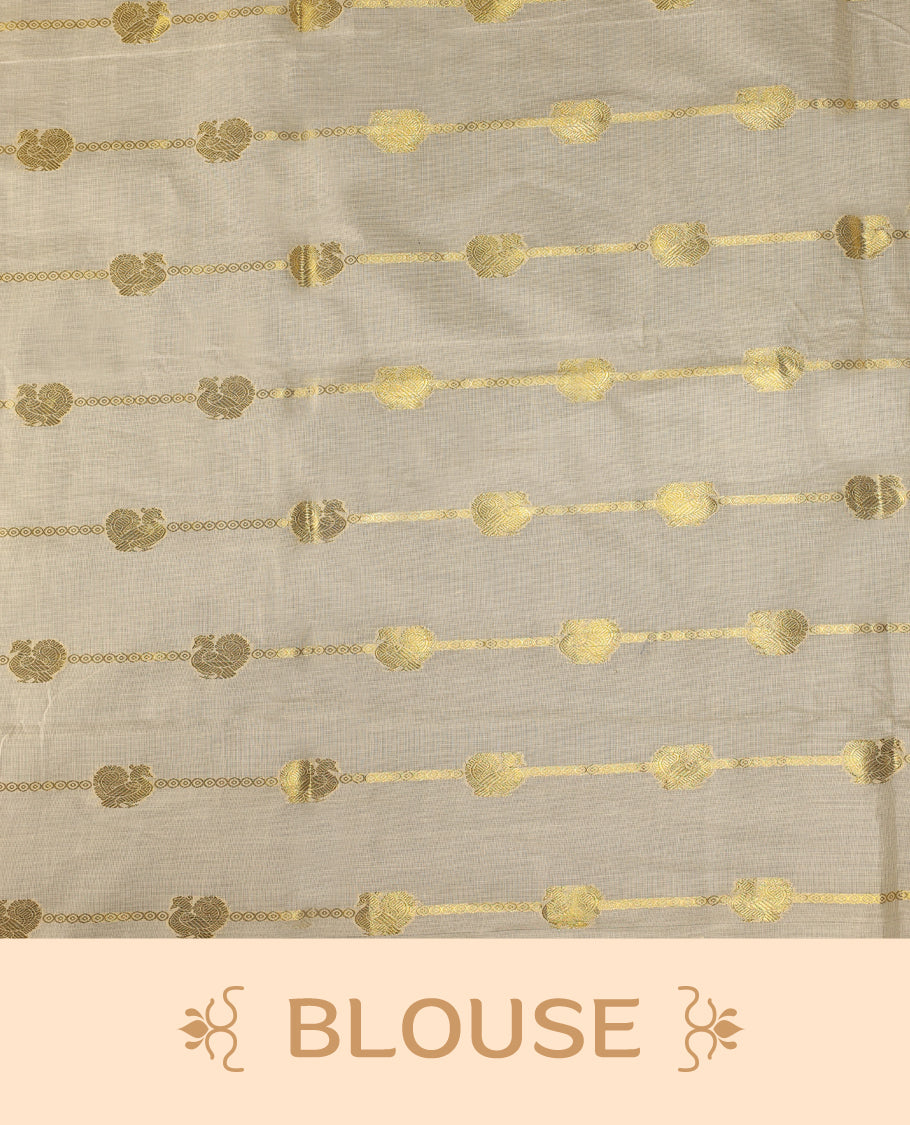 Elegant off white colour cotton Kerala saree featuring a gold Zari stripes with peacock motifs on body, with purple colour tassels offering a classic and graceful look, paired with a matching blouse.