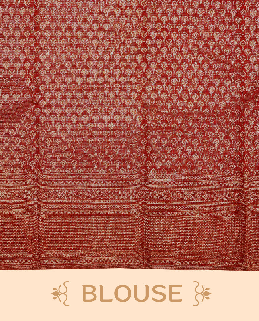 Red Colour Manthrakodi saree featuring tissue weaving with traditional motifs on the body, complemented by a self coloured traditional border and a matching self coloured blouse.