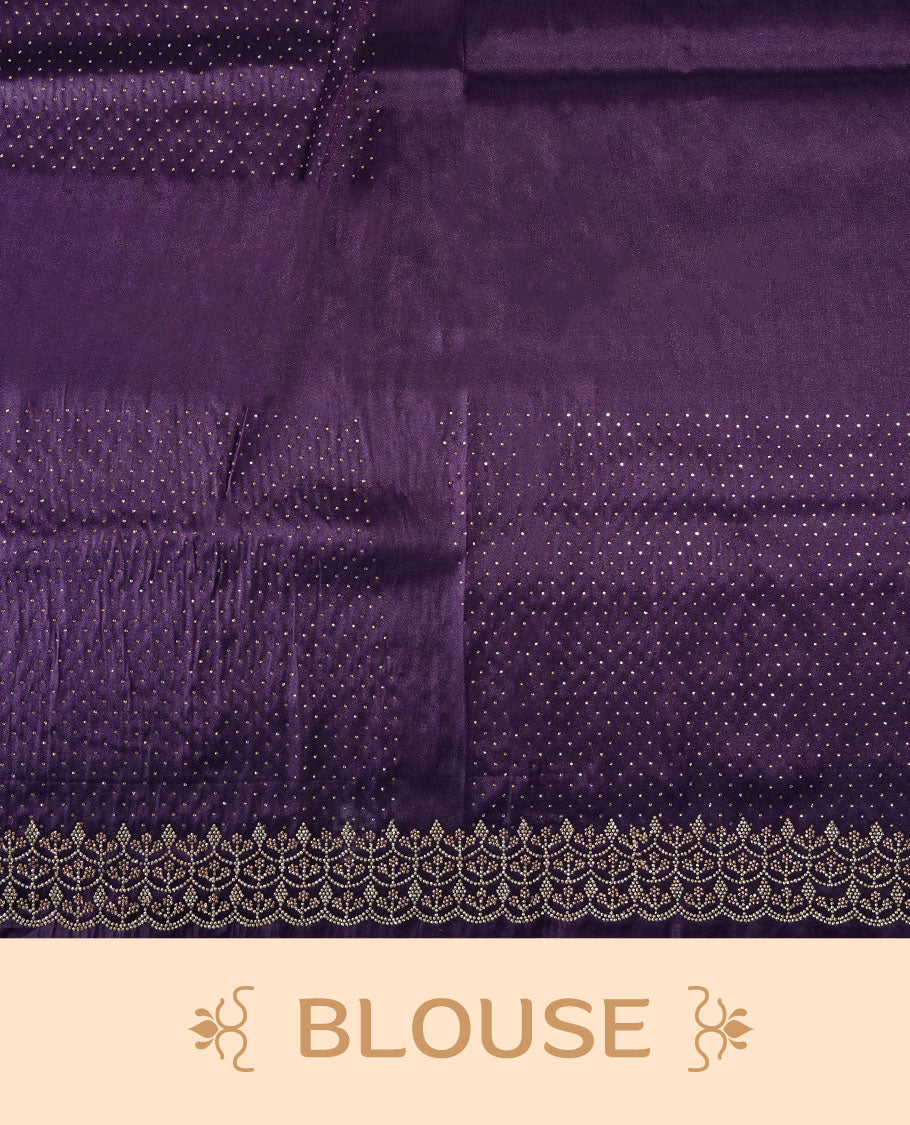 Dark Purple Colour net shimmer fancy saree adorned with scattered white stone buttas all over the body, paired with a delicate stone worked border and matching blouse featuring floral vine stone embroidery (Copy)