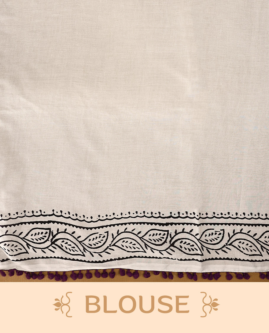 White cotton saree features intricate black elephant handblock prints, a beautifully detailed border with dark grape piping and Self Coloured Blouse