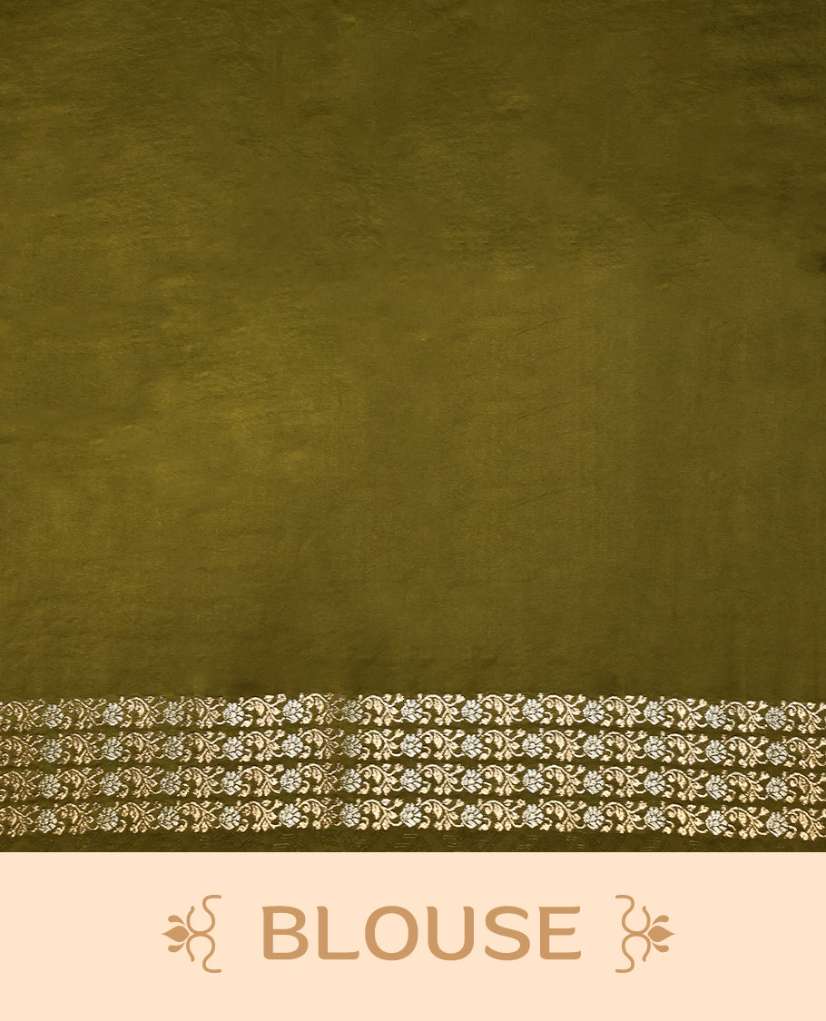 Olive Green colour pure Banaras crepe saree showcases elegant Gold & Silver zari Motifs all over the body, a traditional gold & Silver zari border, a rich intricately woven pallu, and comes with a matching blouse.