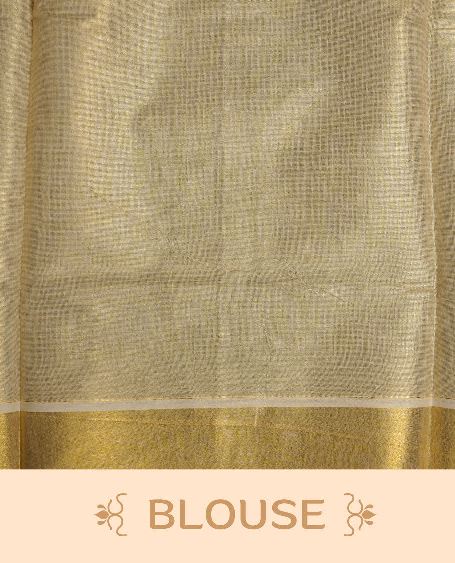 light gold tissue Kerala saree featuring delicate gold zari buttas across the body, a subtle kasavu border, and a finely woven traditional pallu, paired with a matching blouse