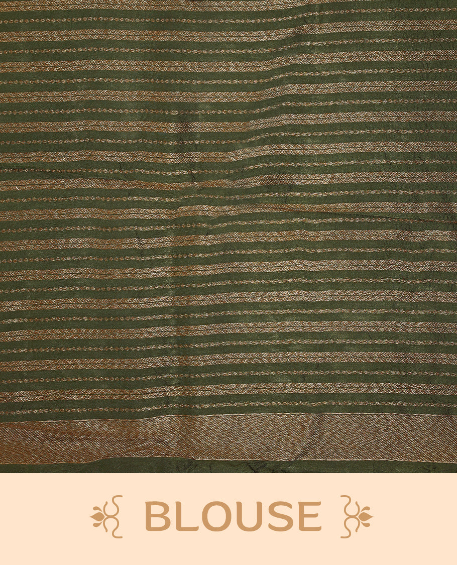 Army Green semi-Banaras tussar georgette saree adorned with antique zari floral motifs on the body, beautifully highlighted with a pencil art garden-inspired border, paired with a matching blouse.