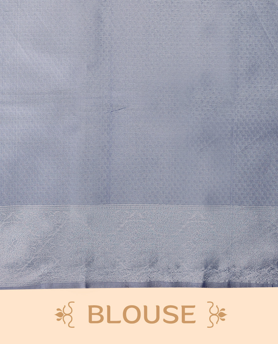 Aqua Green coloured semi silk saree featuring a Silver coloured Zari design on the body, paired with a Baby Blue coloured border and matching blouse.