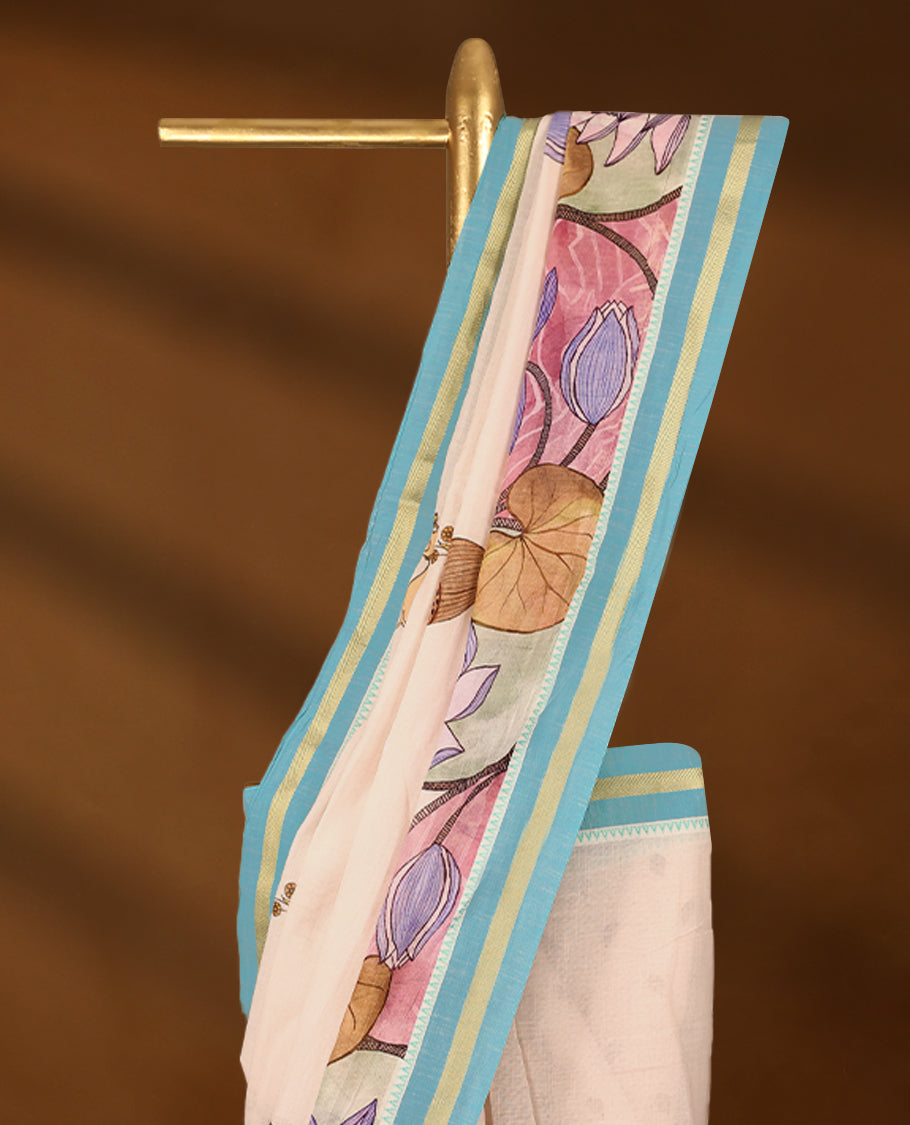 Off-white Colour lightweight khadi cotton saree featuring earthy-coloured digital floral kodi prints on the body and pallu, accented with a Blue border paired with a matching blouse.