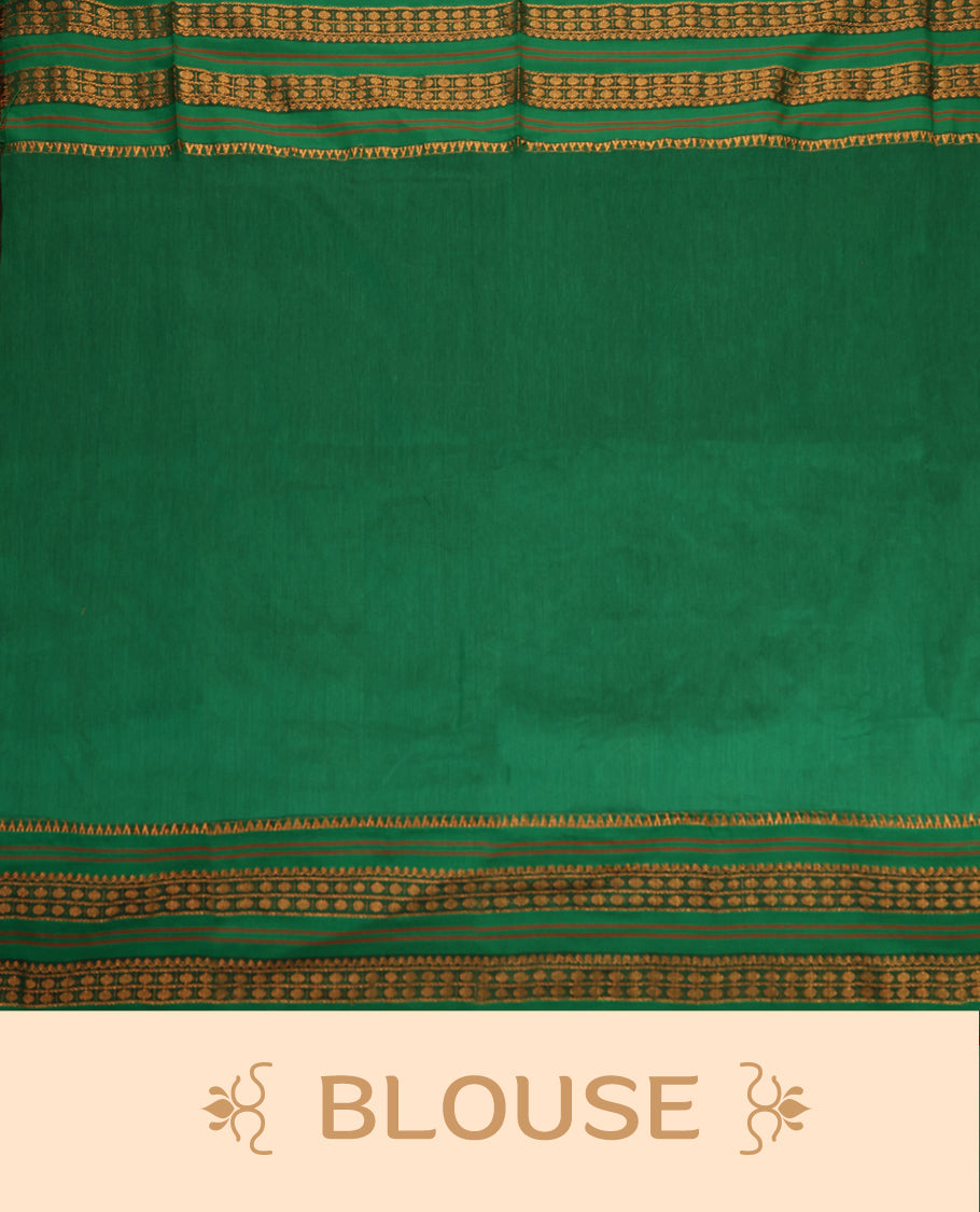 Green and Mustard colour Kalyani cotton saree featuring zari woven patterns across the body, paired with a rich Green colour traditional zari border and pallu, with matching blouse