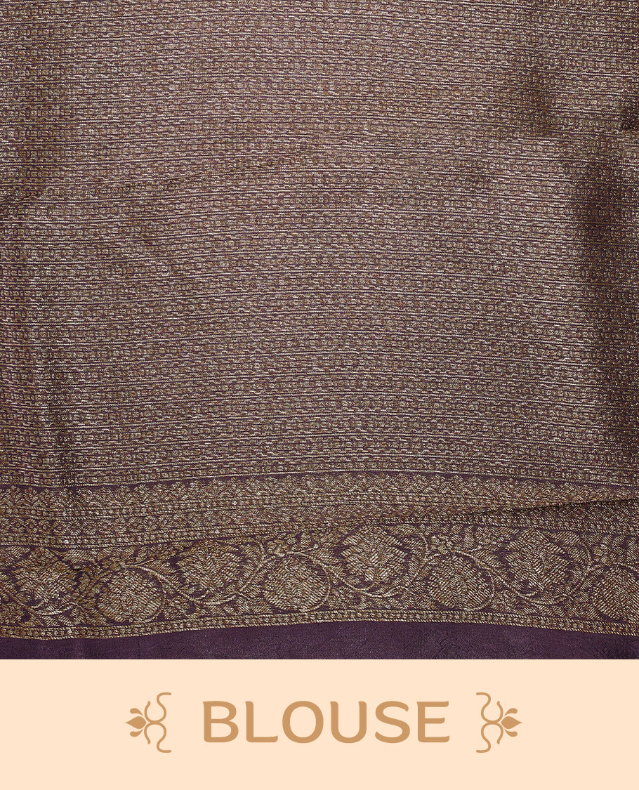 Black Currant semi-Banaras tussar georgette saree embellished with antique zari motifs across the body, complemented by a rich heritage Banaras border and paired with a matching blouse.