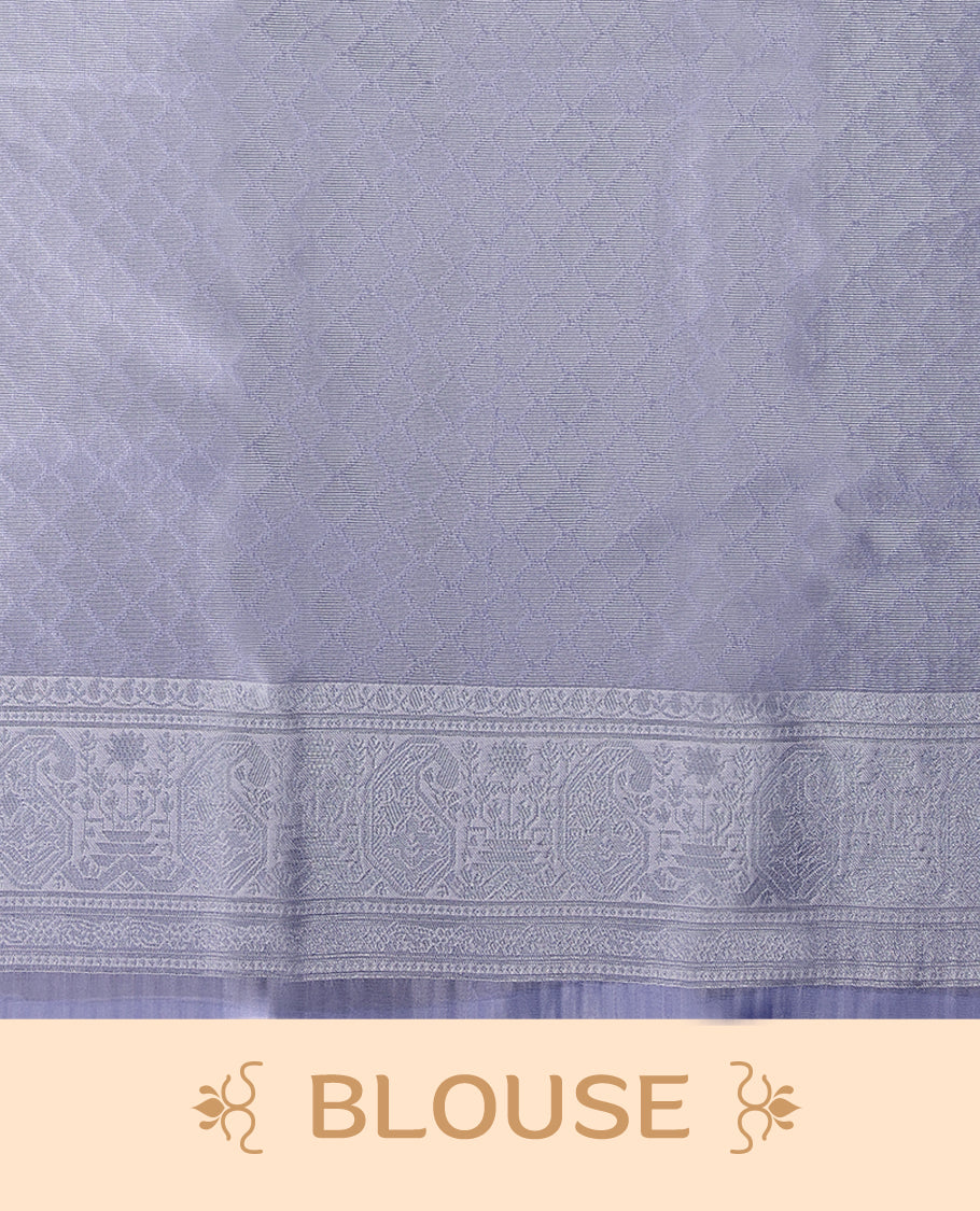 Pastel Pink coloured semi silk saree featuring a Zari design on the body, paired with a Baby Blue coloured border and matching blouse.