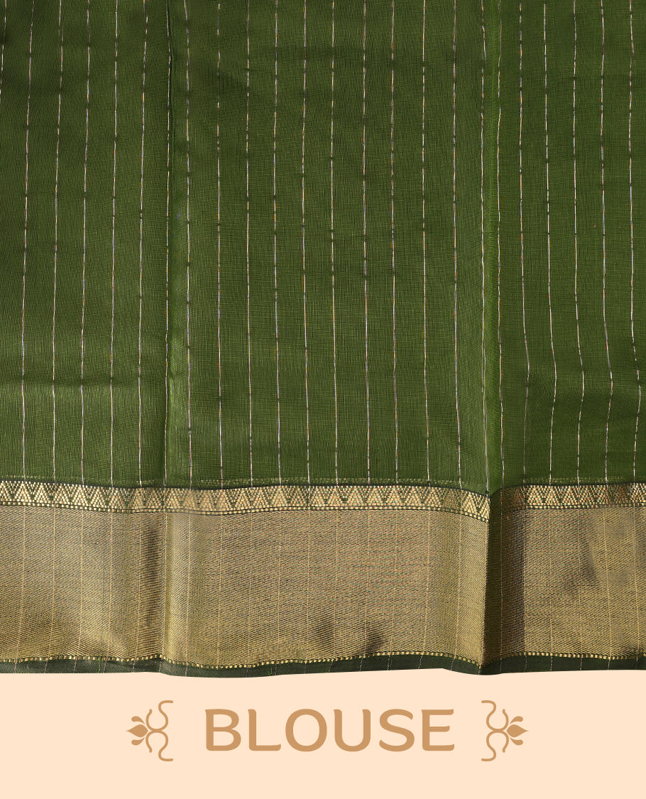 Olive Green coloured Maheshwari Cotton saree featuring antique Zari motifs across the entire body, complemented by a traditional gold coloured border and a matching blouse.