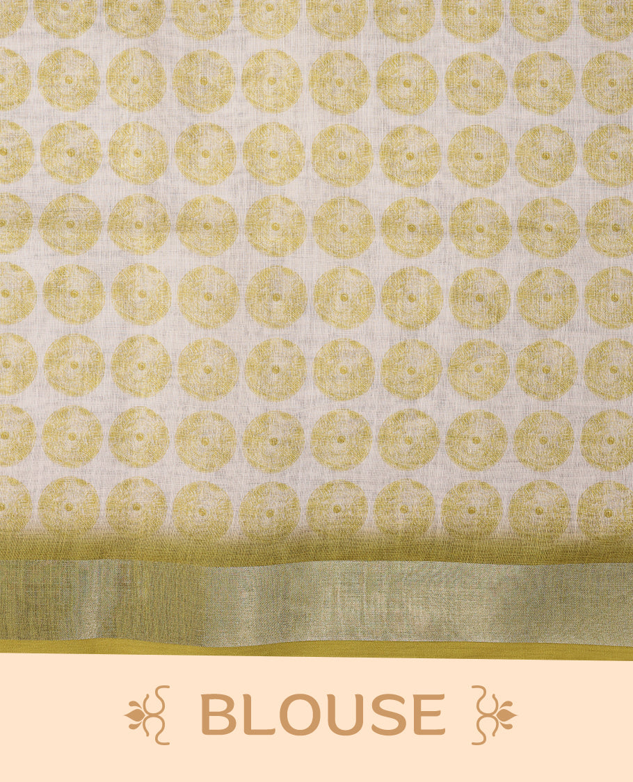 White cotton saree featuring light olive green abstract patterns and a soft matching border with Matching Blouse