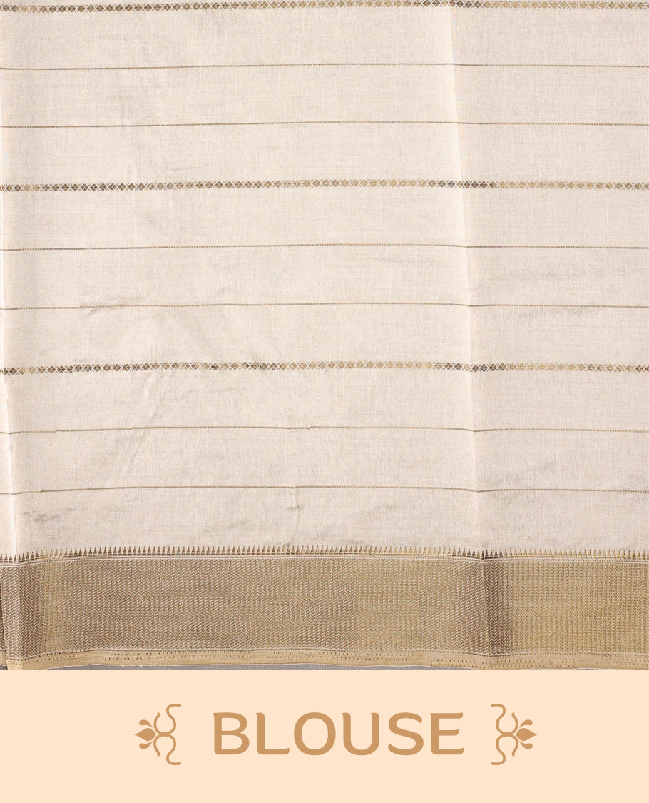 Cream colour Soft Tussar saree featuring fine golden woven stripes across the body, accentuated with maroon village and temple motifs on the pallu, finished with a rich golden zari border, paired with a matching blouse.