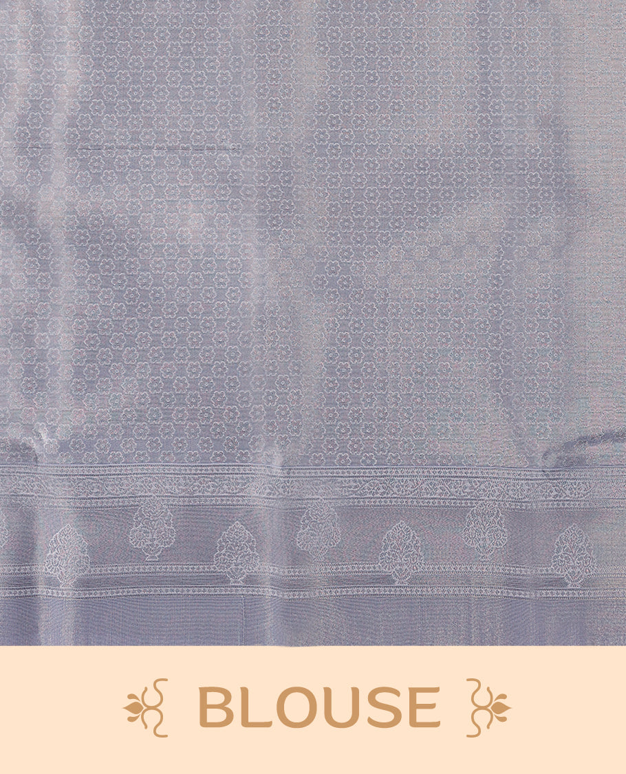 Light Blue coloured semi silk saree featuring a Golden Brocade body, paired with a Light Pastel Purple coloured border and matching blouse.