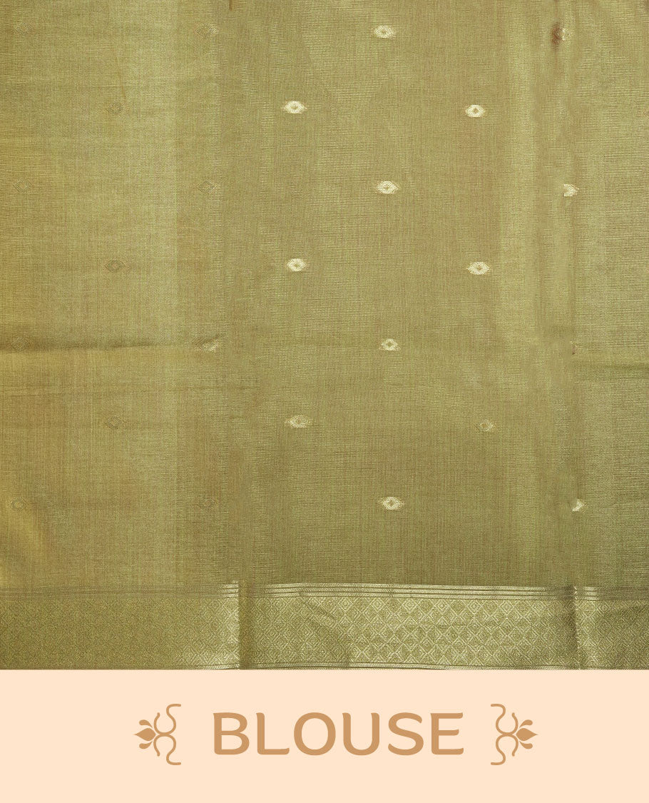 Parrot Green colour semi tussar Banarasi saree featuring vibrant multi-color floral prints across the body, with geometric zari patterns, and a matching blouse detailed with silver woven buttas.