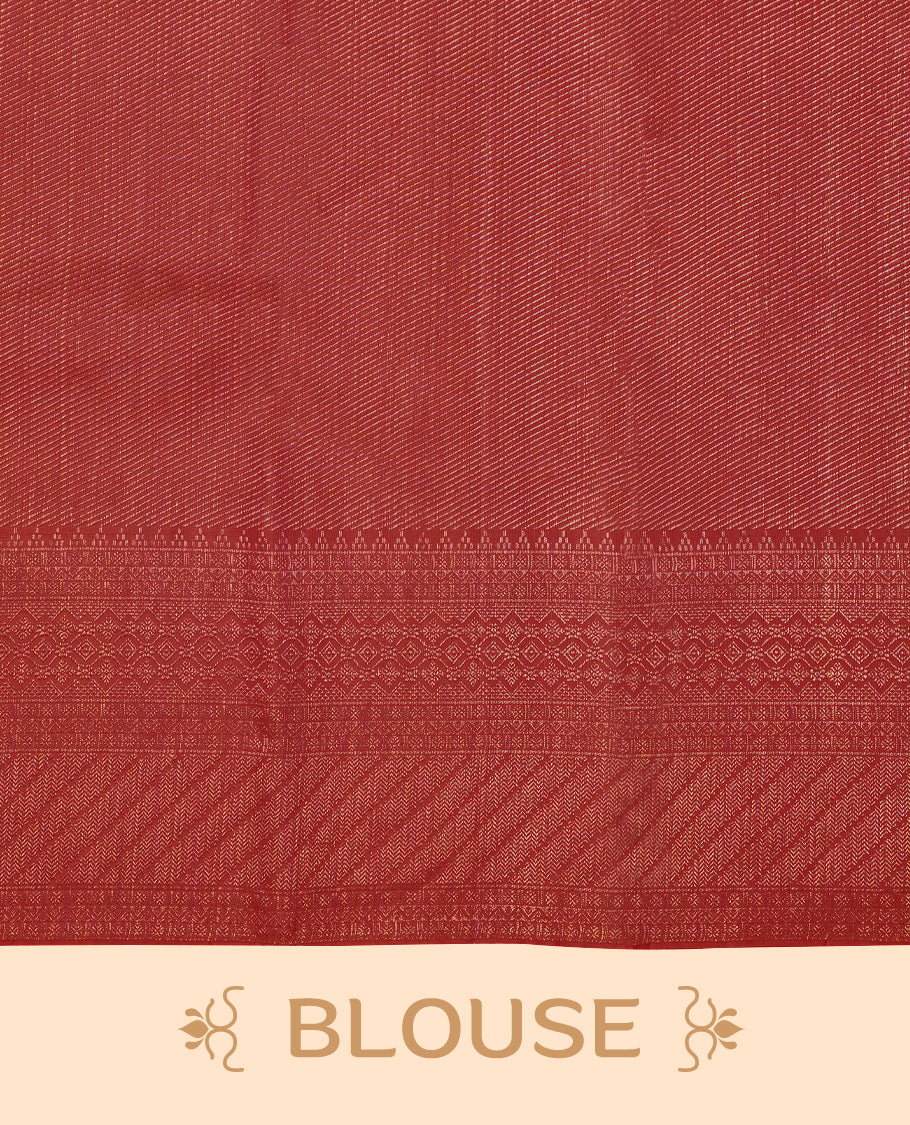 Red coloured Manthrakodi saree featuring a multicoloured zari jacquard body, complemented by a self coloured turning Banarasi border and a matching self coloured blouse.