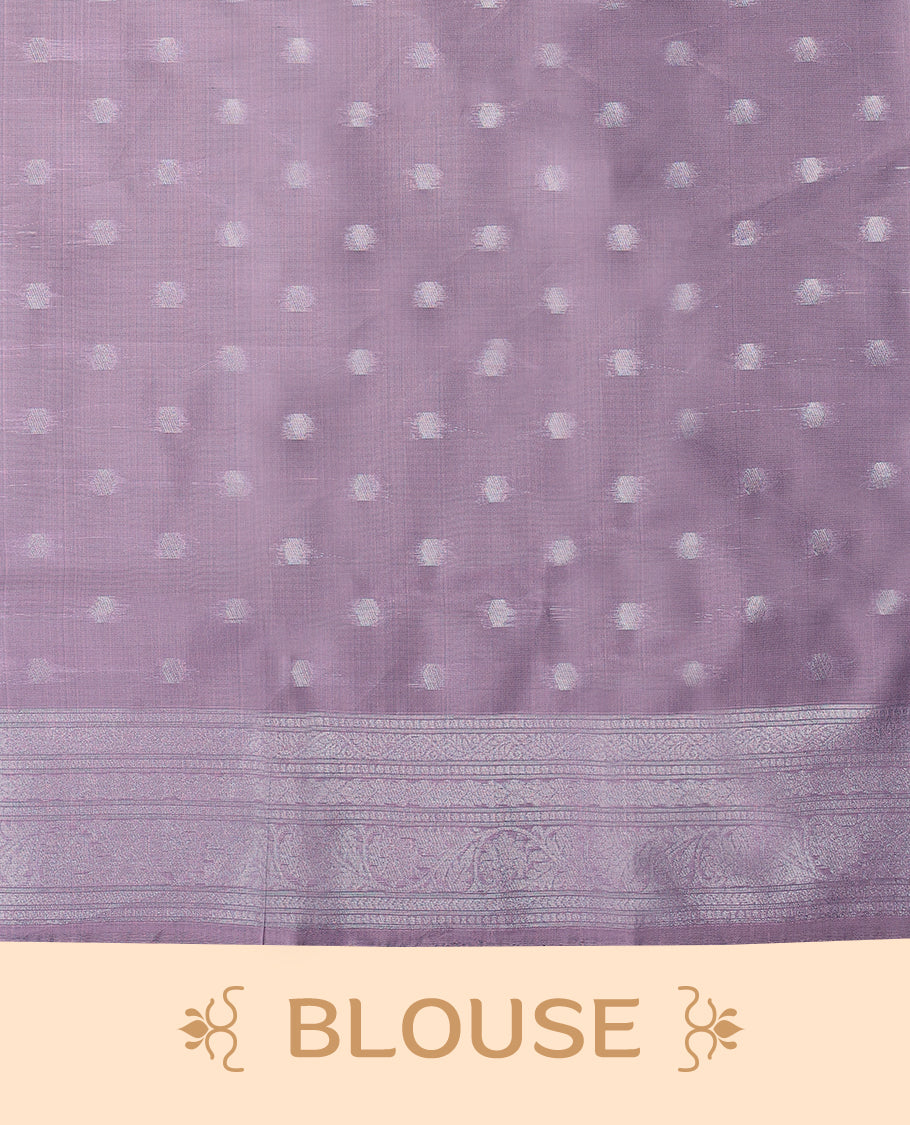 Pastel Purple coloured semi silk saree featuring a Silver coloured Zari Diamond design on the body, paired with a Self coloured border and matching blouse.
