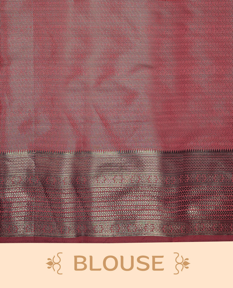 Deep Rose Art Soft Silk Saree showcases intricate silver zari work on the body and border, paired with a matching blouse