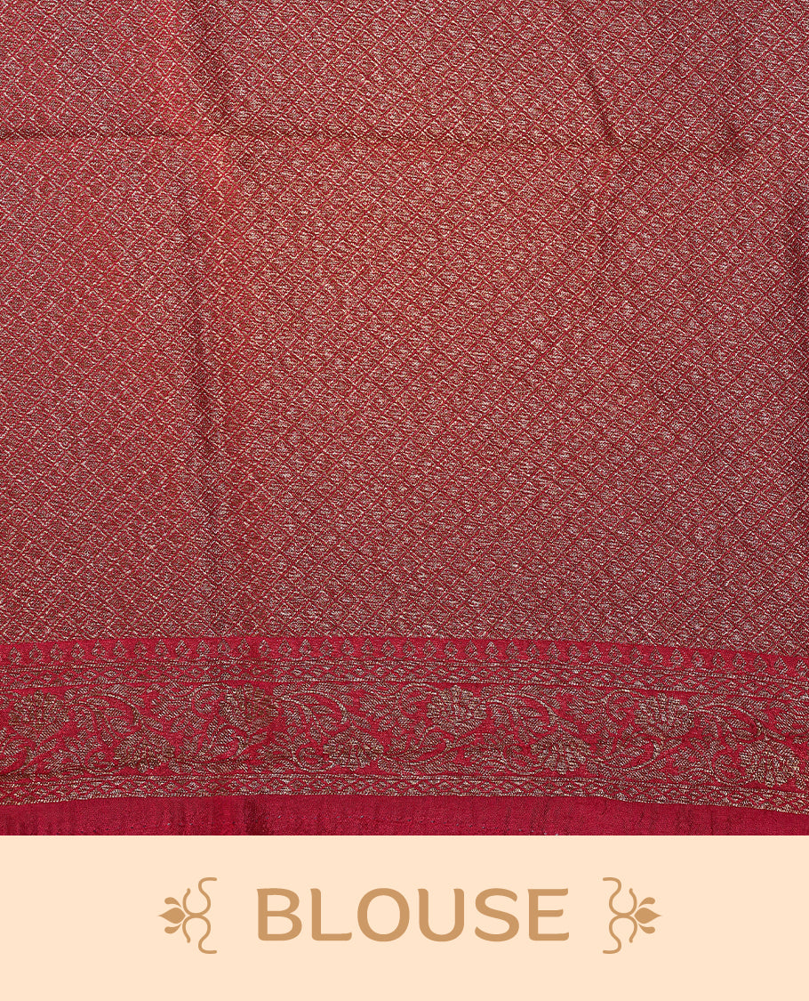 Deep Magenta colour semi Banaras tussar georgette saree embellished with antique zari flower motifs across the body, complemented by a rich Banaras border and paired with a matching blouse.