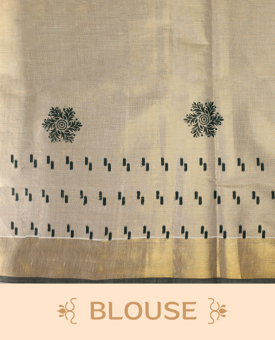 Elegant off white tissue Kerala saree with green woven motifs and floral buttas, paired with a rich golden zari border and pallu paired with matching blouse.