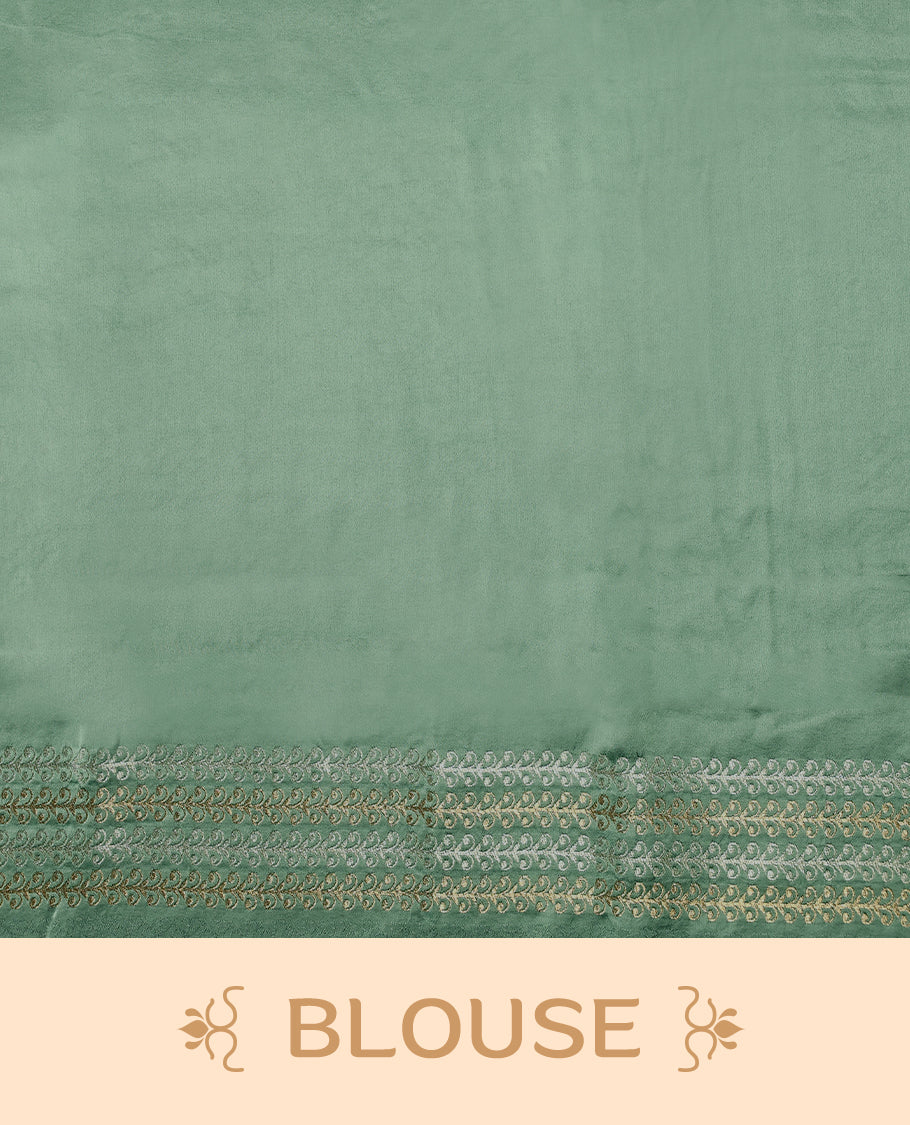 Pastel Green colour pure Banaras crepe saree showcases elegant silver zari Flower Motifs all over the body, a traditional Banarasi gold zari border, a rich intricately woven pallu, and comes with a matching blouse.