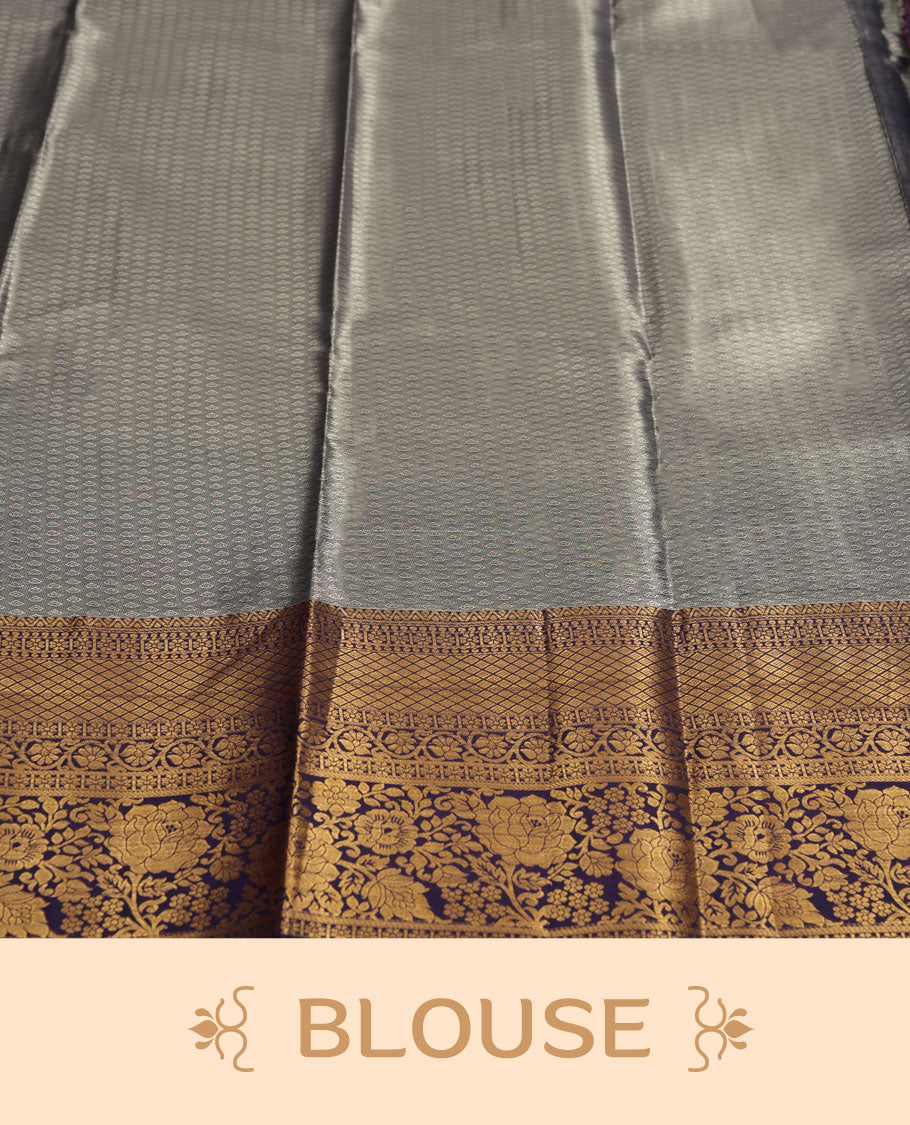 Pink colour and Antique gold Zari Tissue Brocade Saree features intricate a floral Motifs on body and rich violet colour with traditional border & pallu, paired with matching blouse