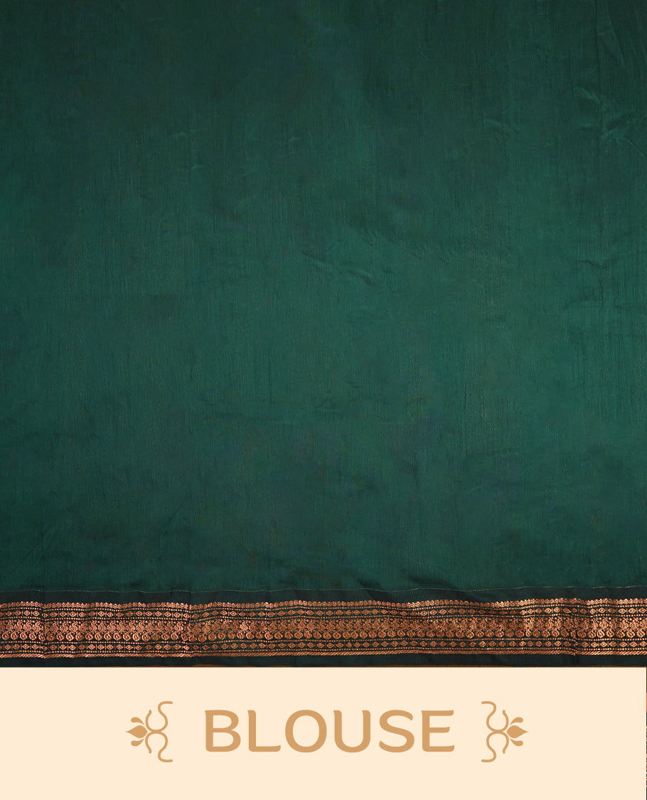 Rust Orange colour mixed Kalyani cotton saree featuring Copper zari motifs throughout the body, paired with Bottle Green colour traditional border and pallu, with matching blouse