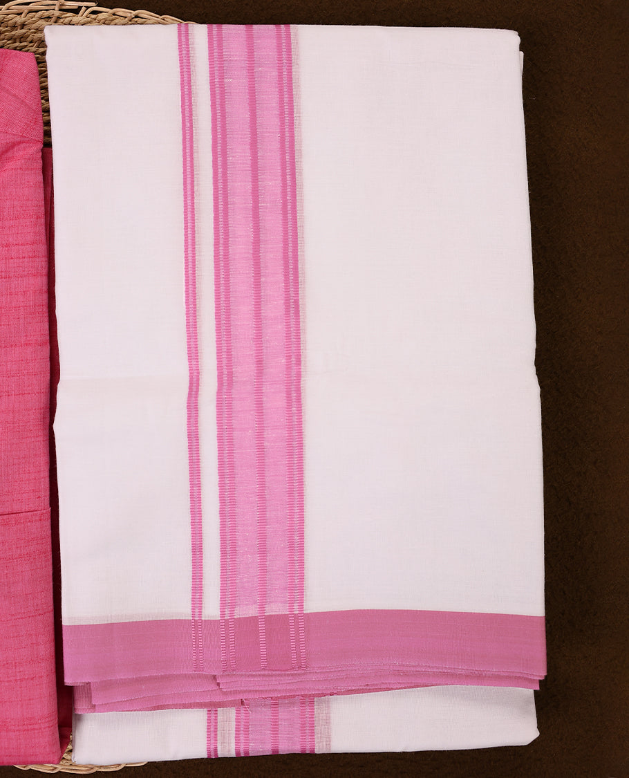 Pink colour short kurta and white dhoti set featuring a coordinated pink zari border crafted for a cheerful and traditional appearance perfect for festive occasions