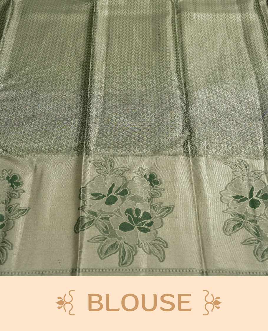 Purple colour and Antique silver Zari Tissue Brocade Saree features intricate floral Motifs on body and pastel green colour fancy border & pallu with purple floral patterns, paired with matching blouse