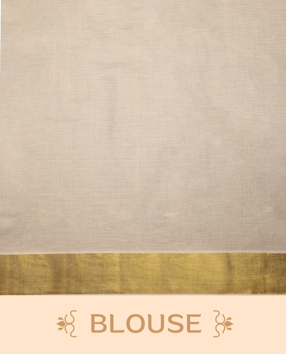 Light Gold colour Cotton Kerala saree featuring Plain body and a beautifully woven Gold Kasavu border with Heavy Blue and Green colour Floral embroidery work, paired with a matching blouse perfect for festive occasions.