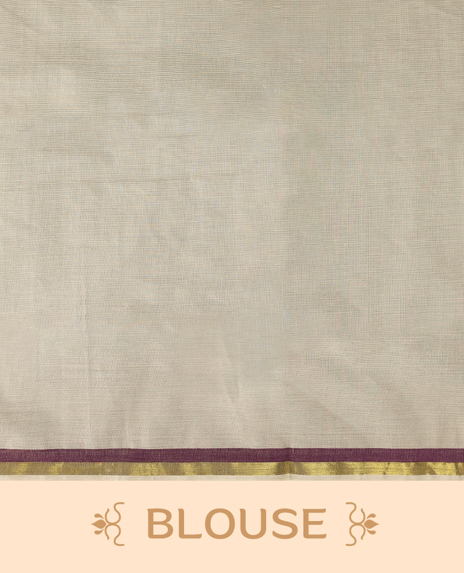 Elegant off white colour cotton Kerala saree featuring a plain body and traditional golden zari border with a hint of Grape purple, offering a classic and graceful look, paired with a matching blouse.