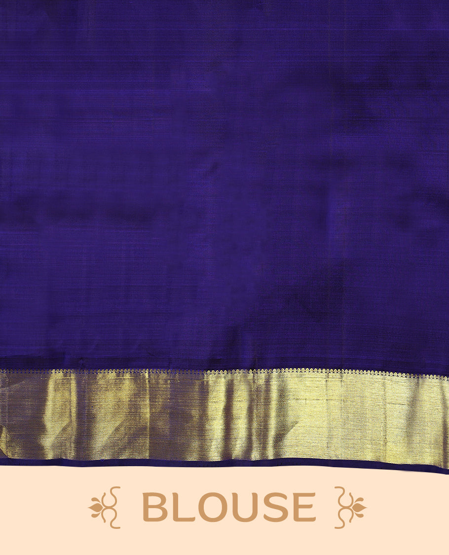 Navy blue pure traditional Kancheepuram silk saree featuring a plain body, complemented by a traditional border adorned with temple motifs, and paired with a matching blouse.