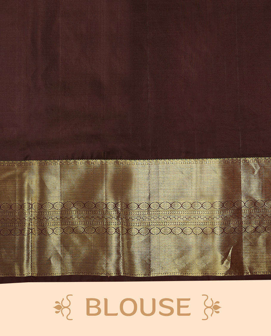 Mulberry coloured pure traditional Kancheepuram silk saree featuring antique zari floral motifs, complemented by a traditional self coloured border and a matching blouse.