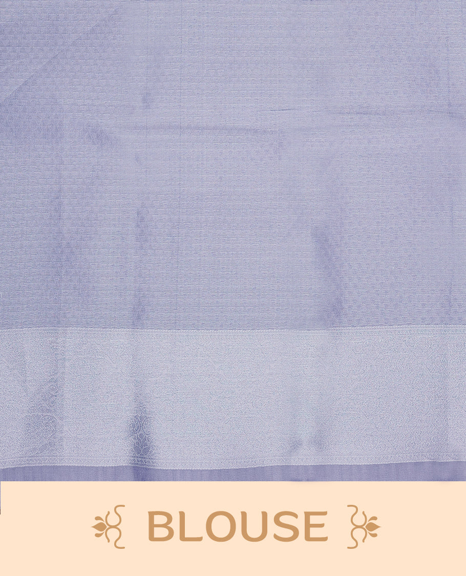 Pastel Blue coloured semi silk saree featuring a Silver coloured Zari design on the body, paired with a Lavender coloured border and blouse.