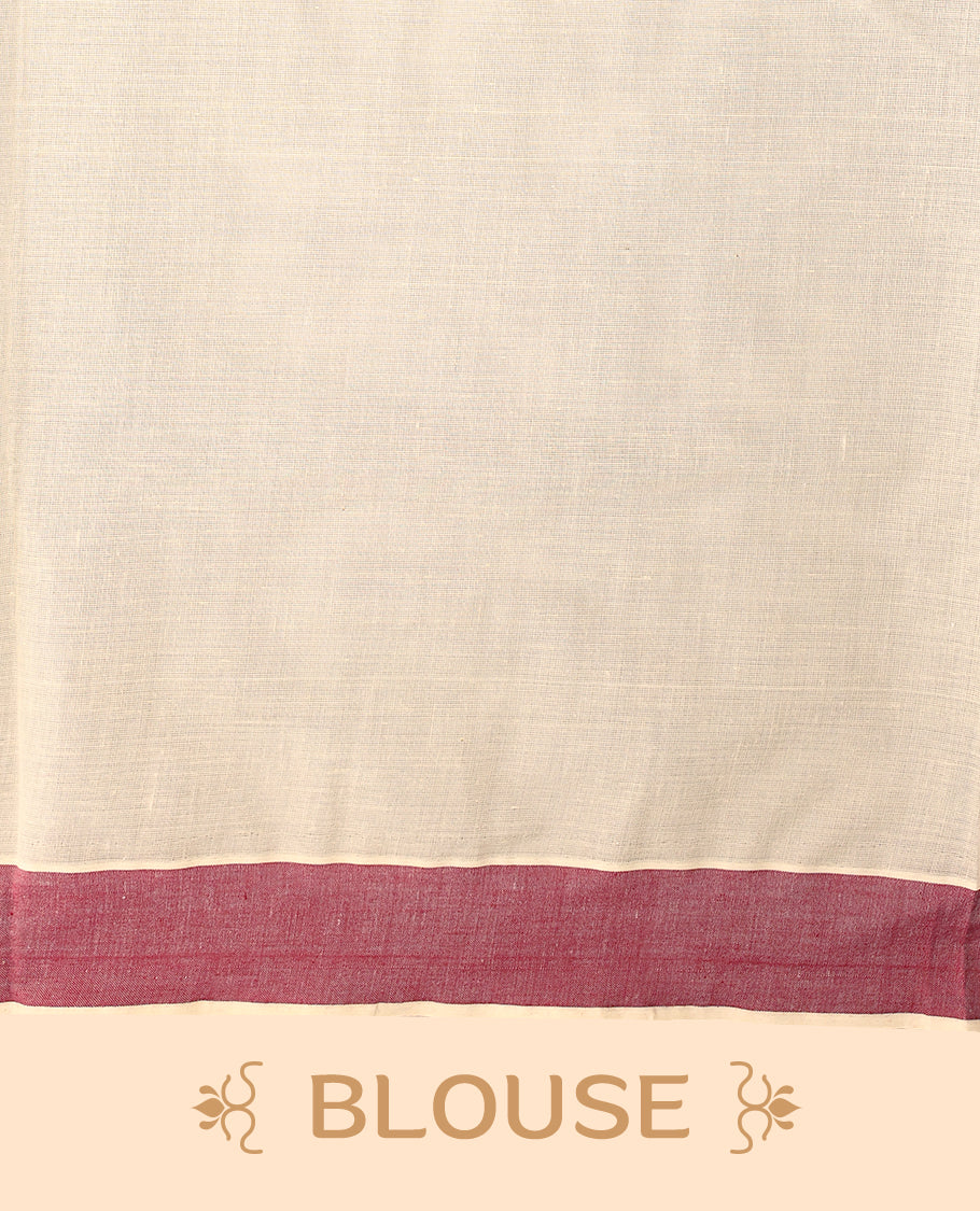 Kerala cotton saree showcases charming red floral Prints complemented by a deep maroon border with Matching Blouse
