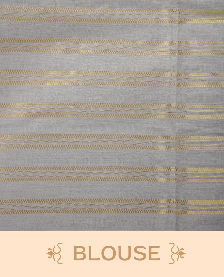 Off-white colour cotton Kerala saree featuring subtle gold zari stripe detailing across the body, finished with elegant green tassels on the pallu, and paired with a matching blouse.