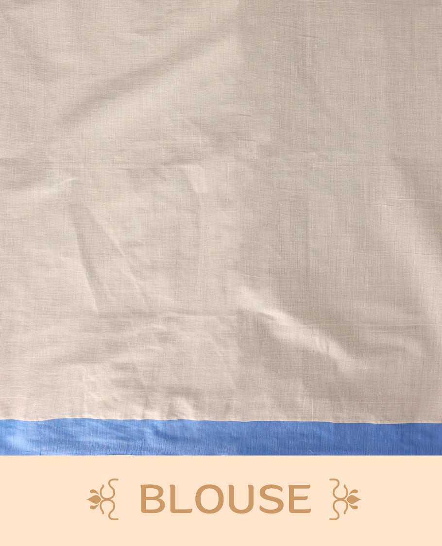 Elegant off white colour cotton Kerala saree featuring Plain body, Deep Blue colour border with colour temple designs, Paired with matching blouse offering a classic and graceful look