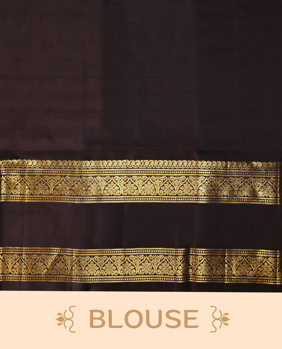 Rust orange Colour pure traditional Kancheepuram silk saree adorned with antique zari horizontal lines on the body, elegantly complemented by a traditional border, and paired with a matching blouse.