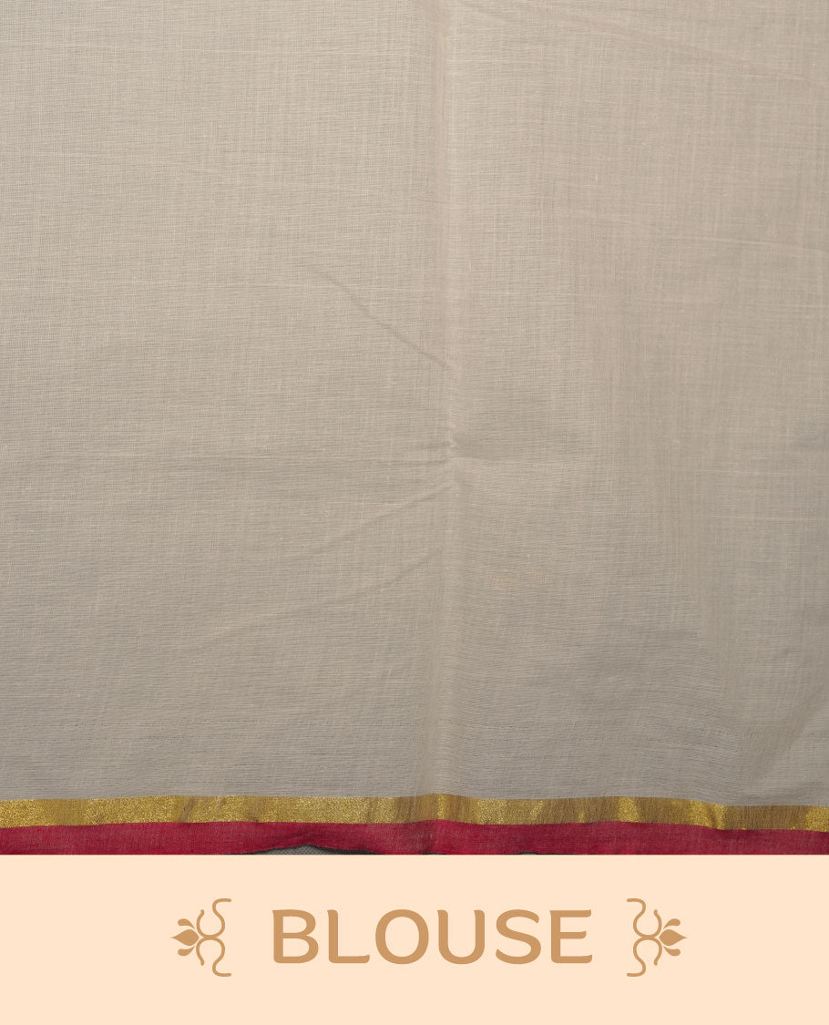 Off-white colour cotton Kerala saree featuring a classic gold kasavu border, accentuated with subtle green and pink contrast edging, a plain elegant body, and paired with a matching blouse.