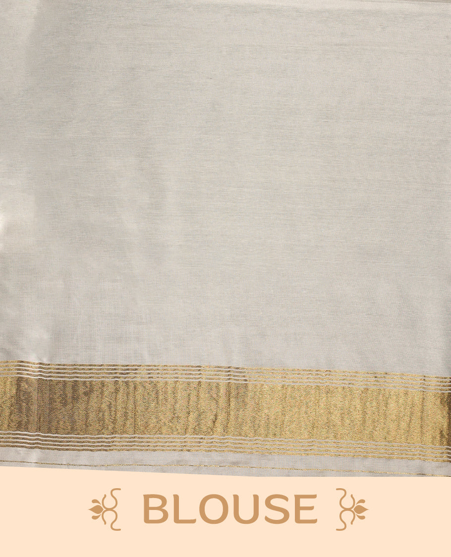 Elegant white colour sotf Tussar Kerala saree featuring Gold Zari Bold stripes on body, Rich Pallu, Paired with matching blouse offering a classic and graceful look