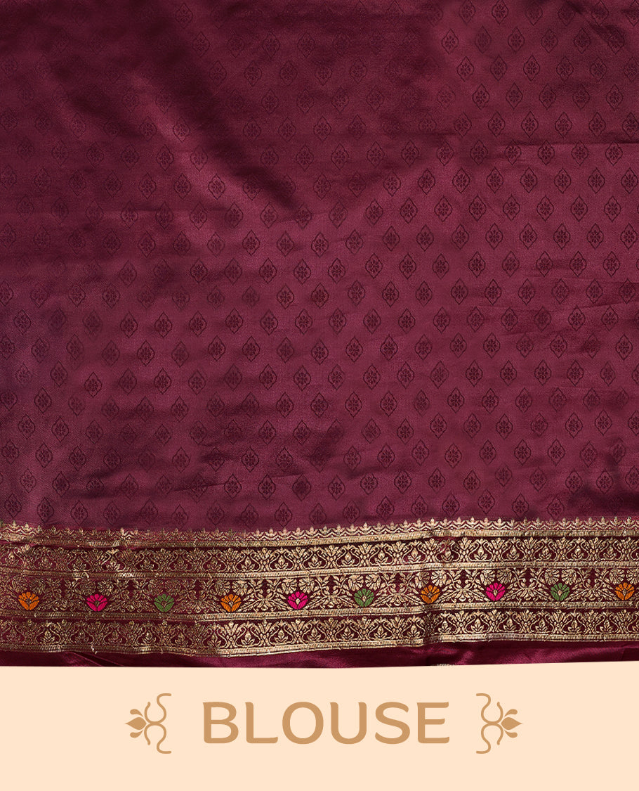 Royal Maroon Colour Semi Banarasi Saree having Golden Buttas in Body with Worked Border and Blouse