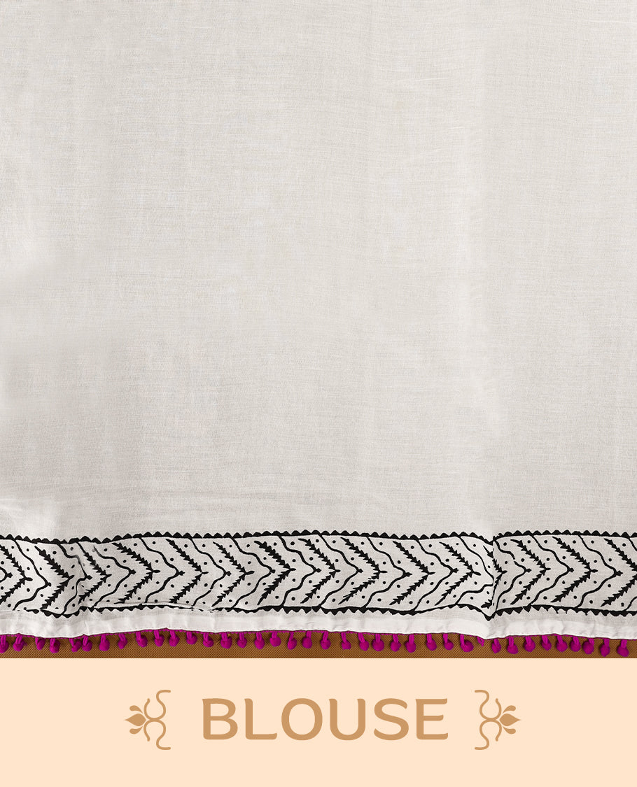 White cotton saree features intricate black handblock prints, a beautifully detailed border with pink piping and Self Coloured Blouse