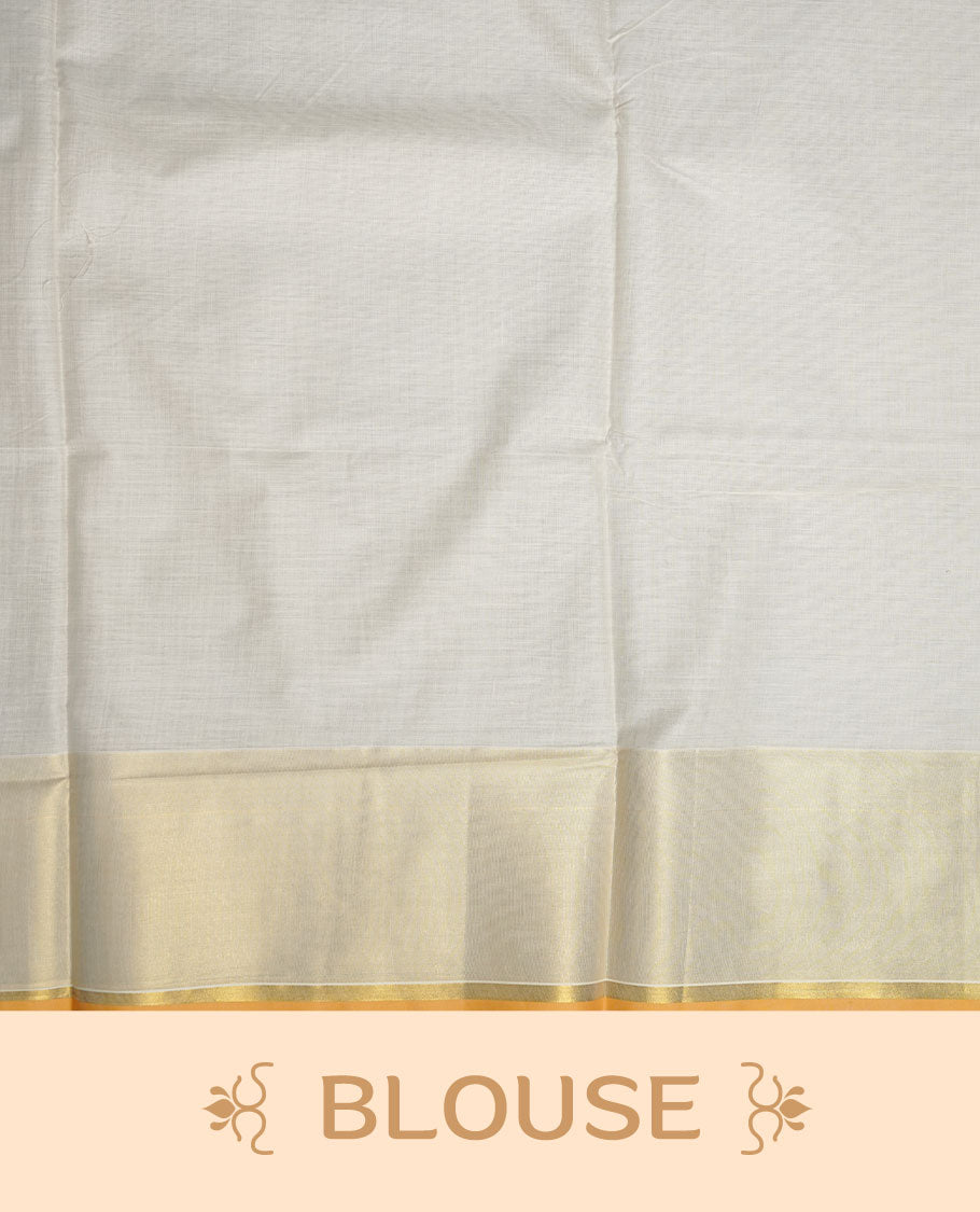 off-white cotton Kerala saree adorned with rich gold zari motifs across the pallu, finished with a classic kasavu border and subtle buttas on the body, paired with a matching blouse