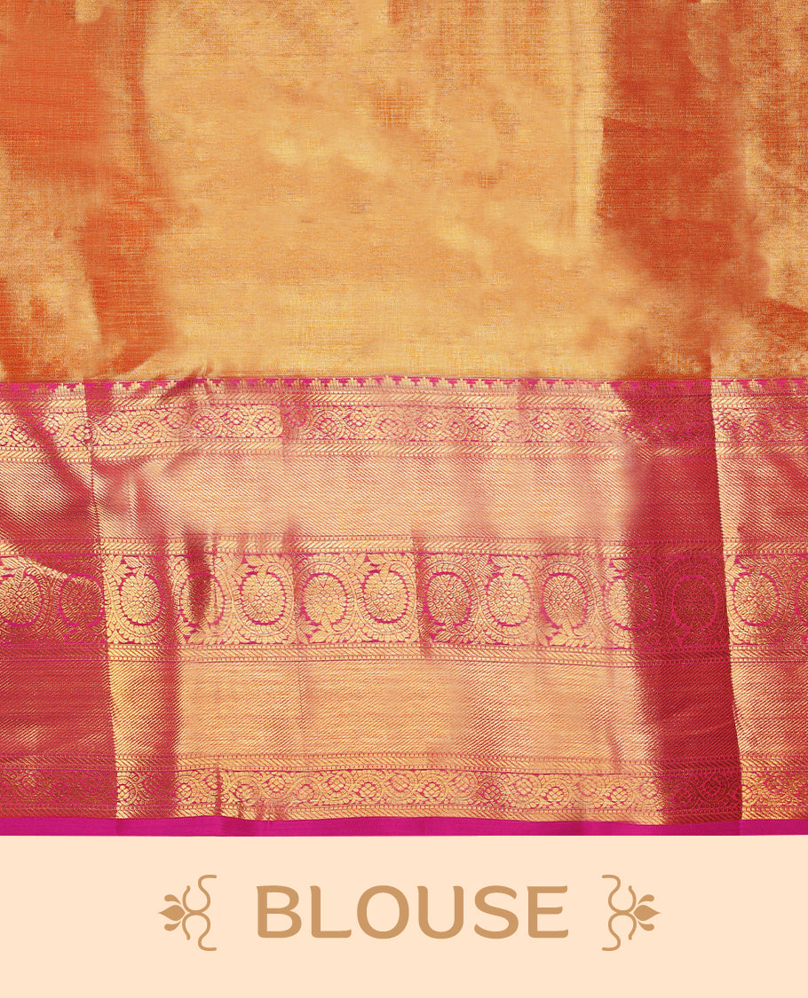 Golden Colour Kancheepuram tissue silk saree adorned with intricate silver and gold zari floral jaal work on the body, enhanced by a contrasting traditional floral kodi design border, paired with a matching blouse.