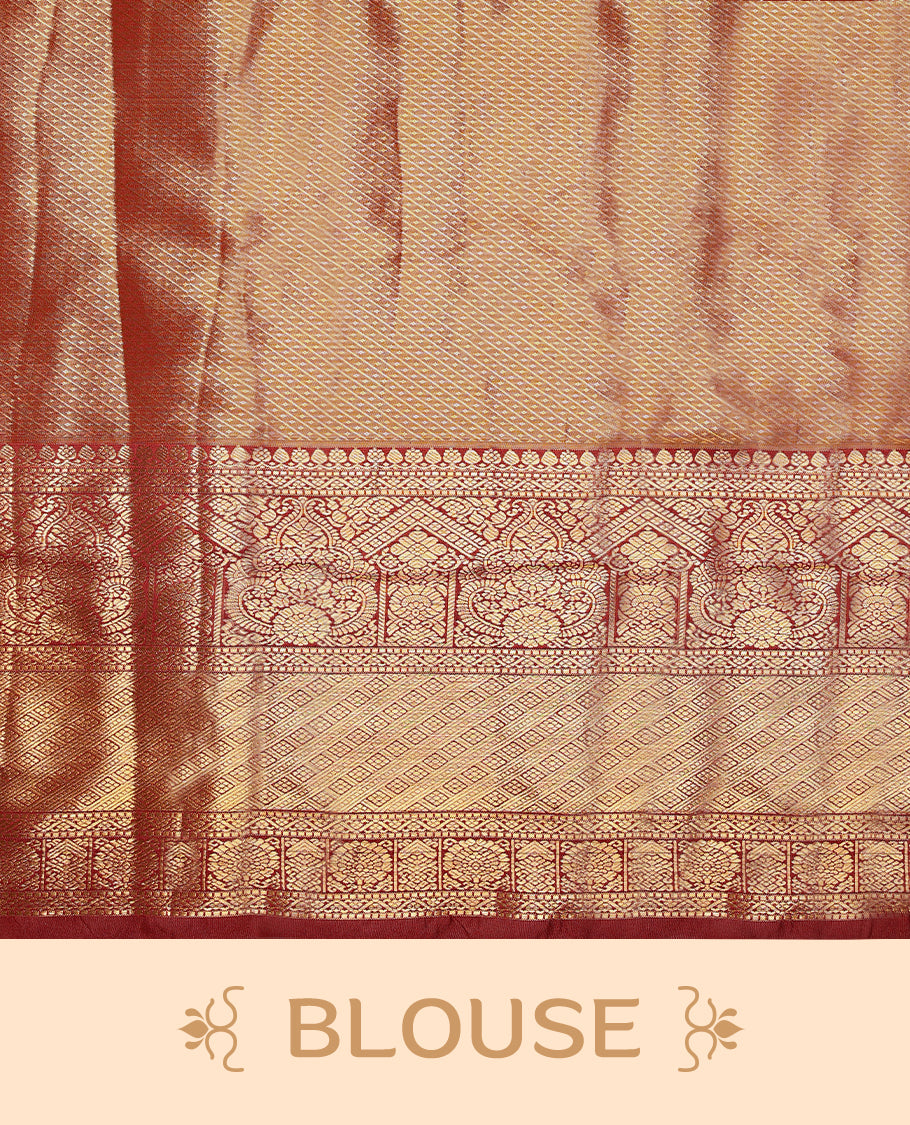 Gold colour tissue brocade saree with gold and silver zari kodi pattern on body, gold zari traditional pattern work Deep Maroon border, rich matching pallu with Antique zari motifs, paired with matching blouse.