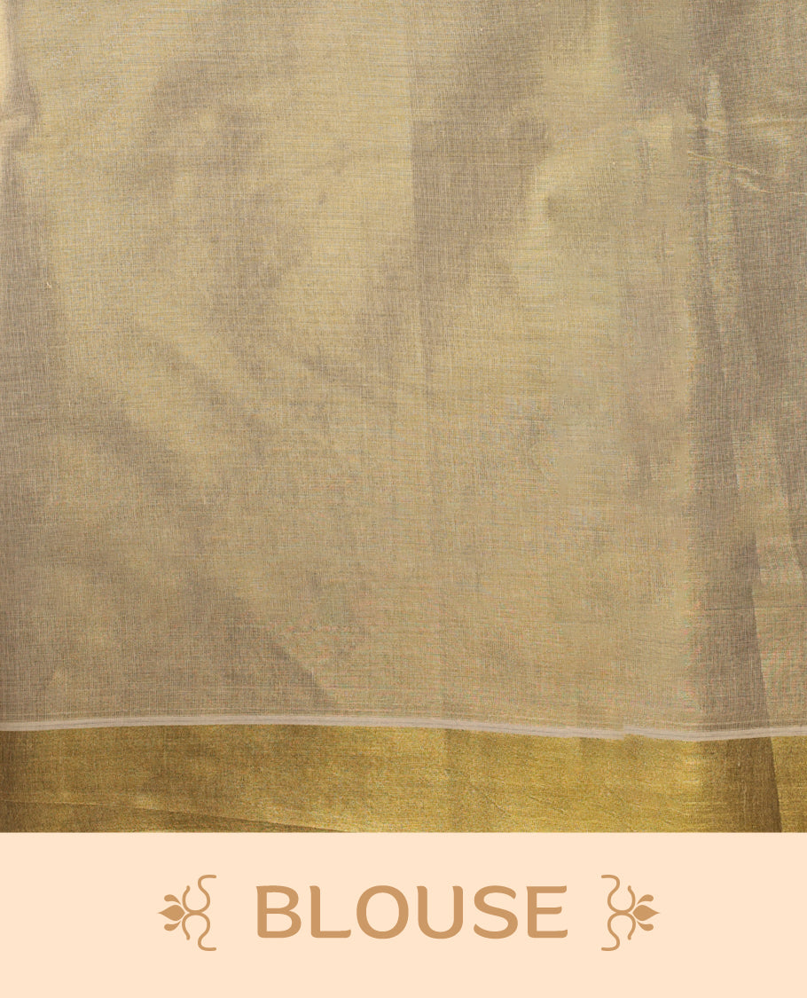 Light Gold colour Tissue Kerala saree featuring Thread work on the body and a beautifully woven Gold Kasavu border, paired with a matching blouse perfect for festive occasions.