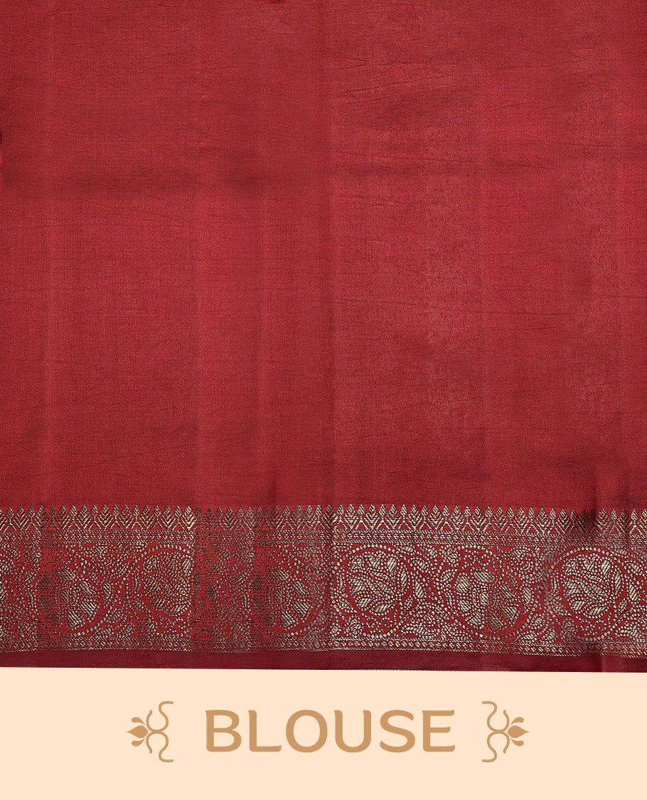 Greman Blue Colour Pure Banaras Soft Silk Saree adorned with traditional antique zari motifs, paired with a hand dyed Chilly Red antique style border and a matching blouse.