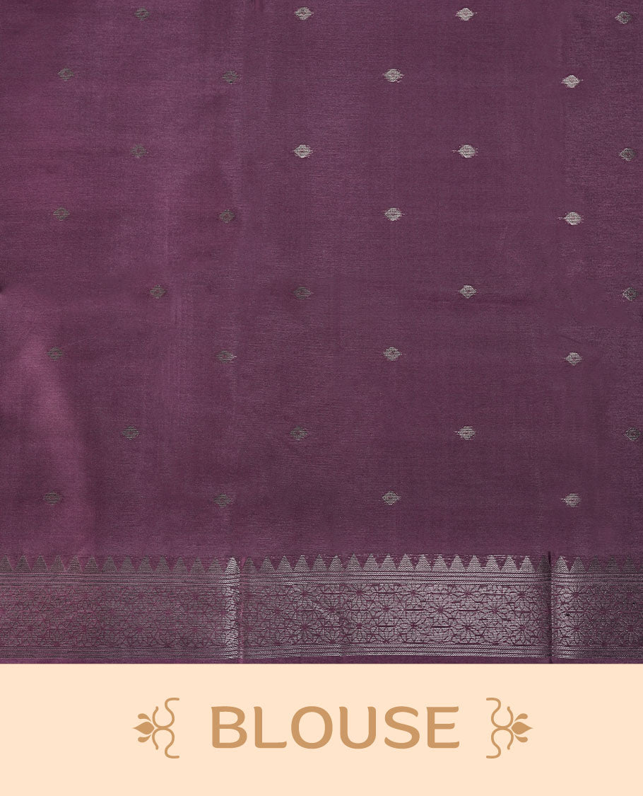 Grape color semi tussar Banarasi saree featuring vibrant multi-color floral prints across the body, with shimmering geometric zari patterns, a rich gray-red border, and a matching blouse detailed with silver woven buttas.