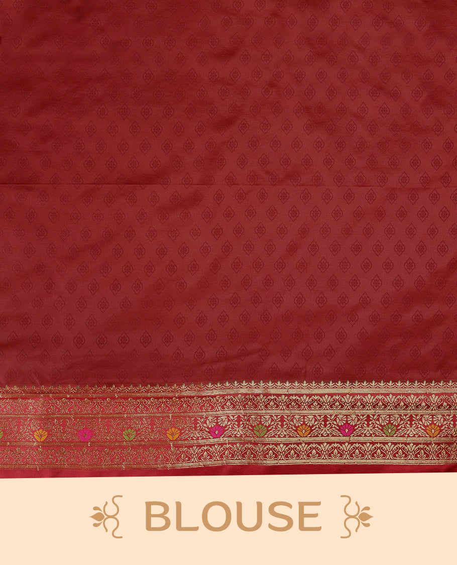 Dark Red Colour Semi Banarasi Saree having Golden Buttas in Body with Worked Border and Blouse