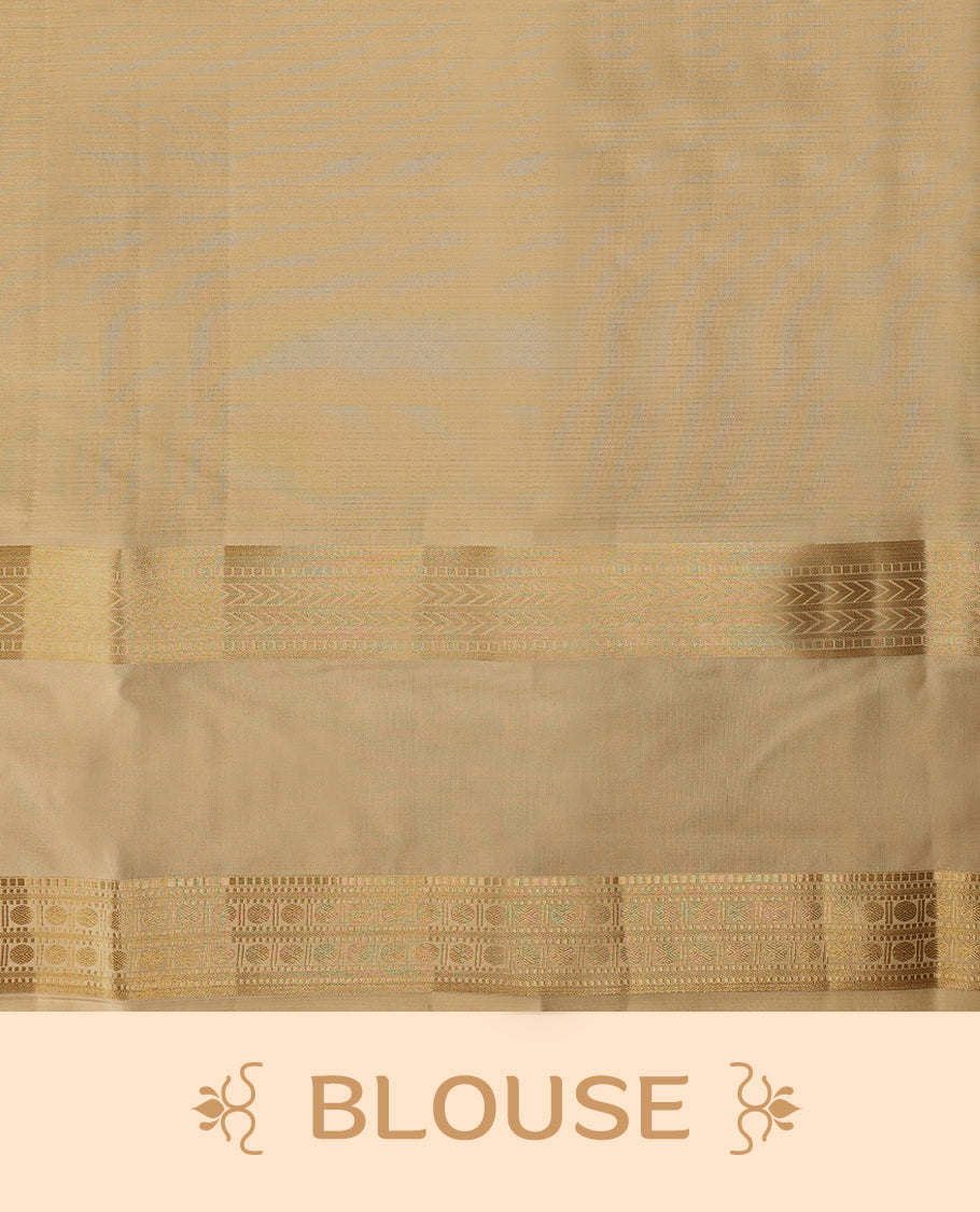 Aqua blue and green Colour soft silk saree adorned with golden zari stripes on the body, complemented by a contrasting traditional border, and paired with a matching contrast coloured blouse.