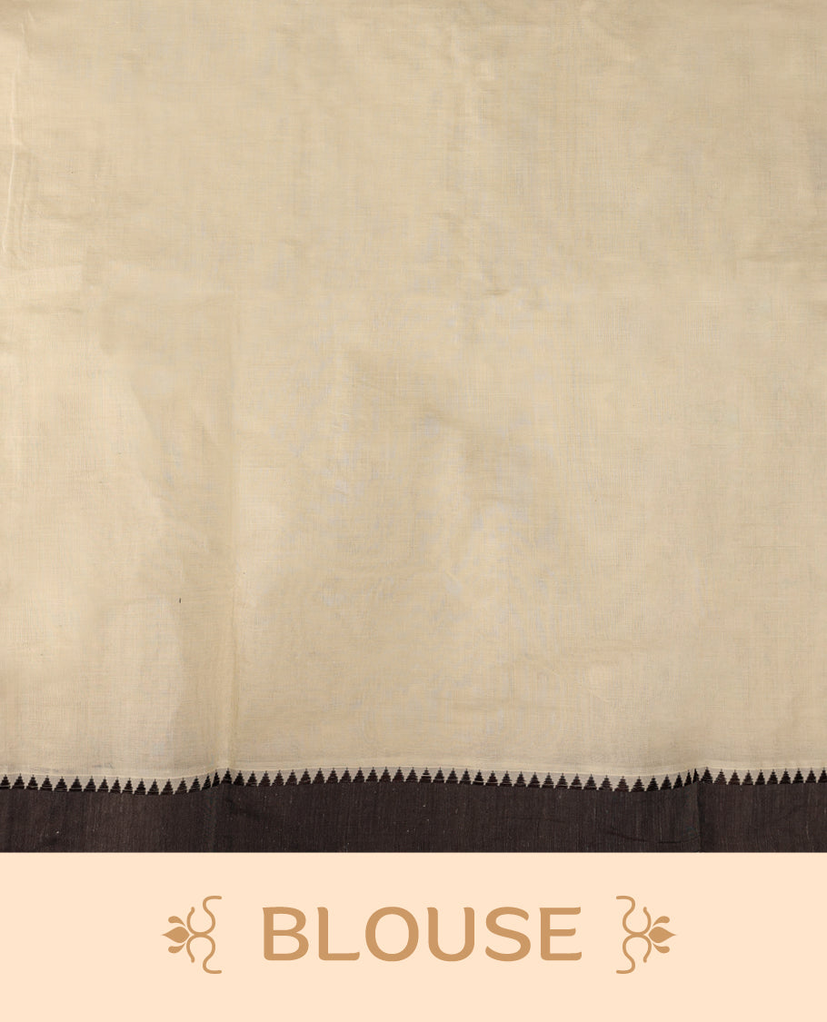 Elegant off white colour cotton Kerala saree featuring Plain body, Dark Chocolate colour border with Peacock Motifs, Paired with matching blouse offering a classic and graceful look, paired with a matching blouse.
